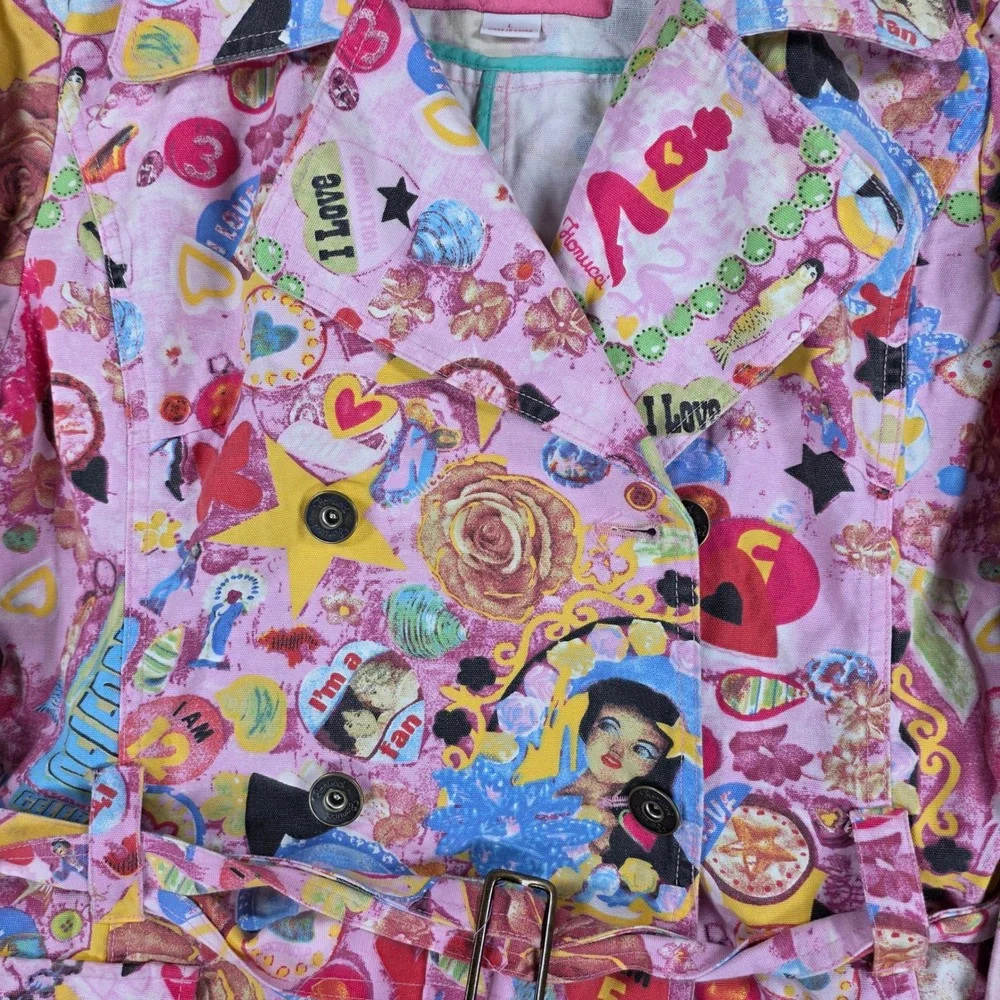Fiorucci Women Pink Graphic Collage Print Belted Trench Coat Jacket Size L